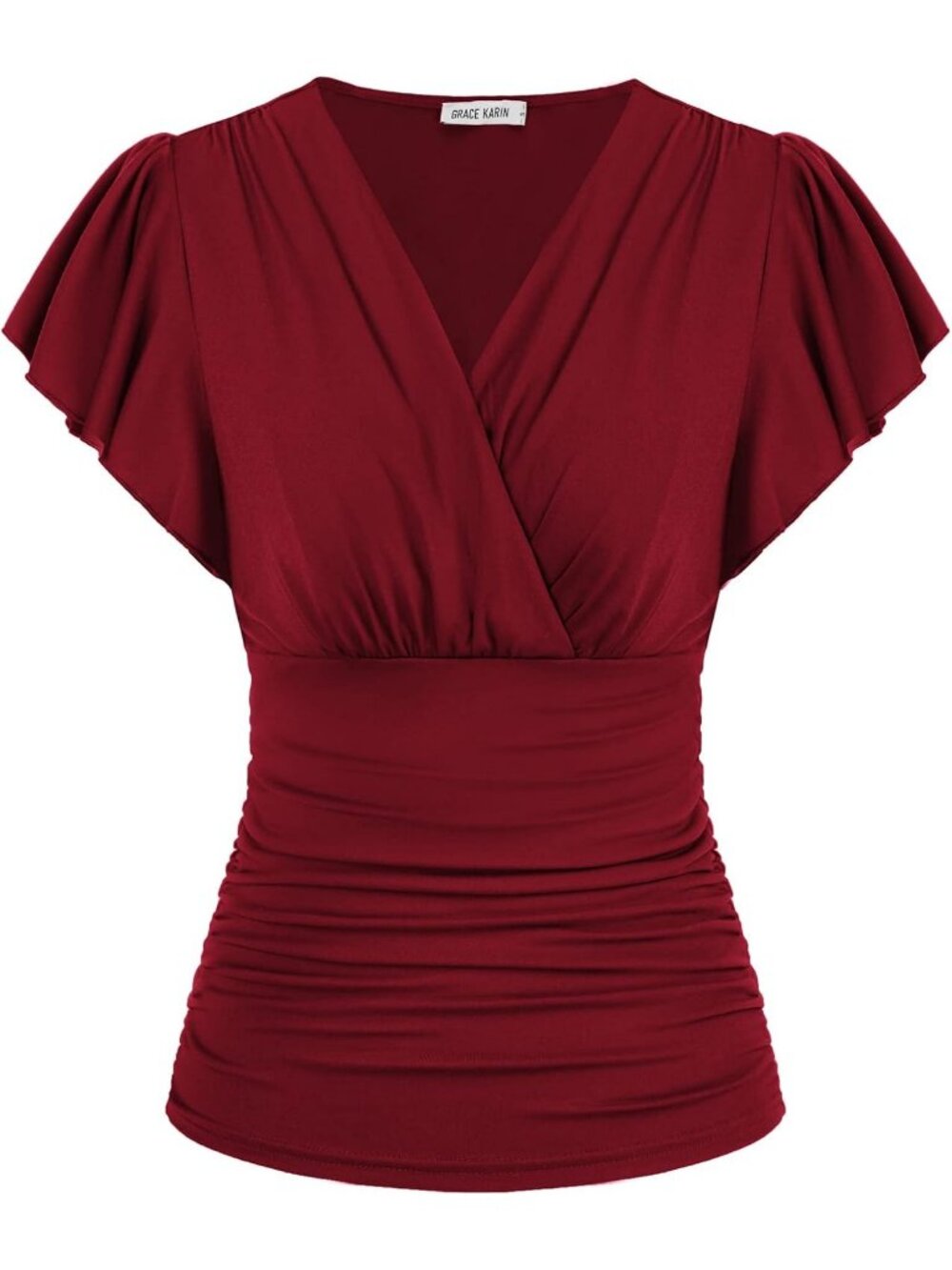 Women's T Shirt Wine Pink V Neck Casual Wrap Blouse Ruffle Sleeve Ruched Soft